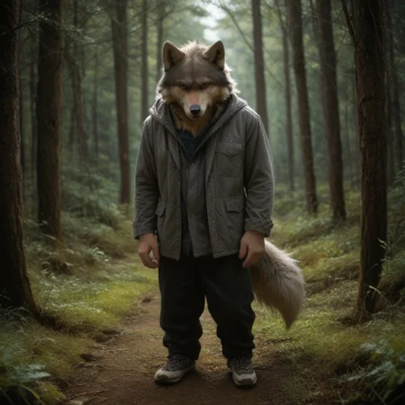 antro, 1boy, wolf, standing, in a forest background, UHD, score_8_up, score_9