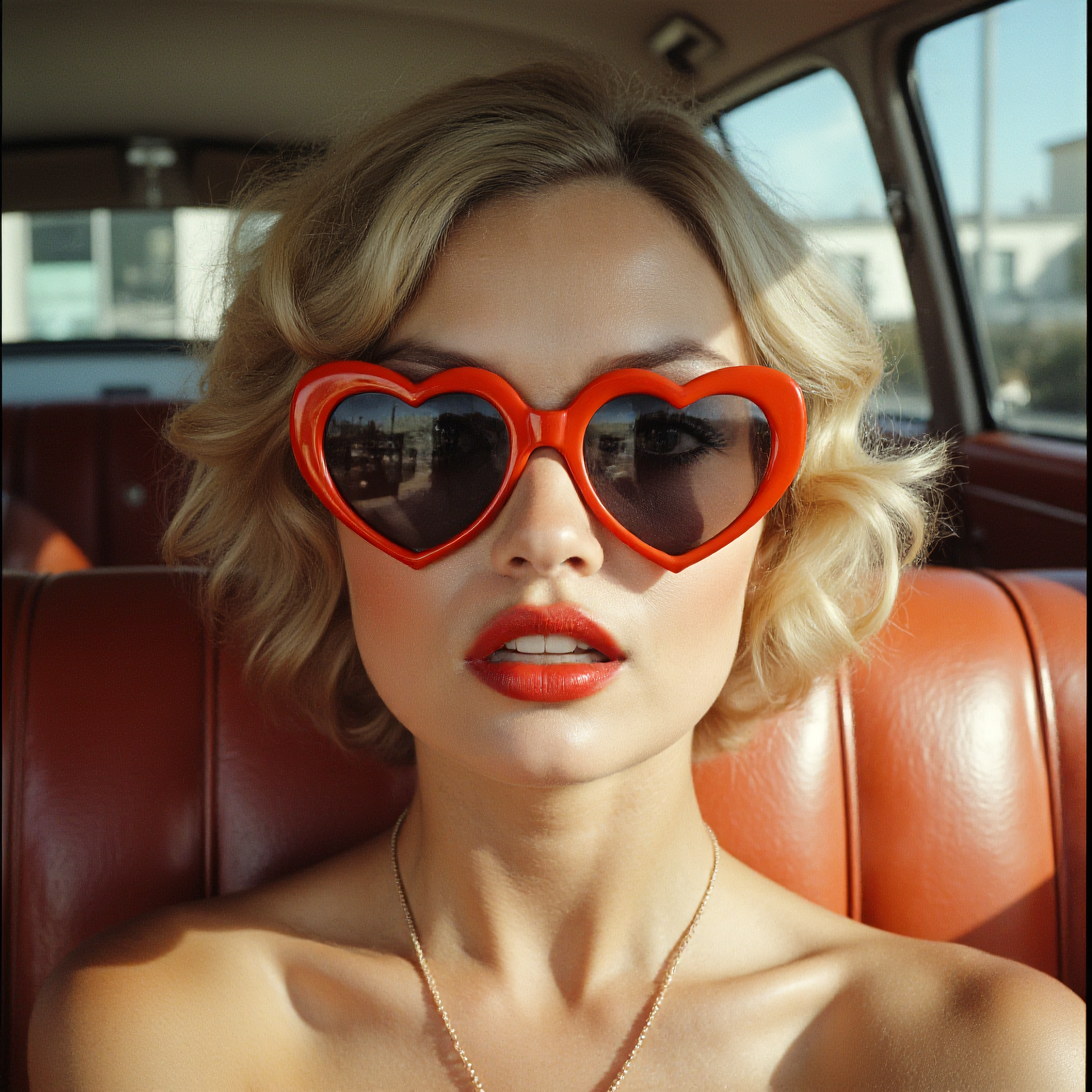 A high-contrast photo of a glamorous young woman posing for a picture, wearing iconic red heart-shaped sunglasses, in the style of David Bailey. The subject exudes vintage charm with her retro blonde hairstyle and bold red lipstick, seated in a classic leather car interior. The photo features a close-up composition, capturing her playful pout and expressive demeanor. The lighting emphasizes warm, sunlit tones, creating a soft, summery glow. Intricate details of the sunglasses' glossy finish and the subtle textures of the car upholstery are highlighted, with a shallow depth of field ensuring focus on the subject's face. Shot with a 35mm film camera for a timeless, cinematic look. <lora:david-bailey-flux1-dev-v1:1>