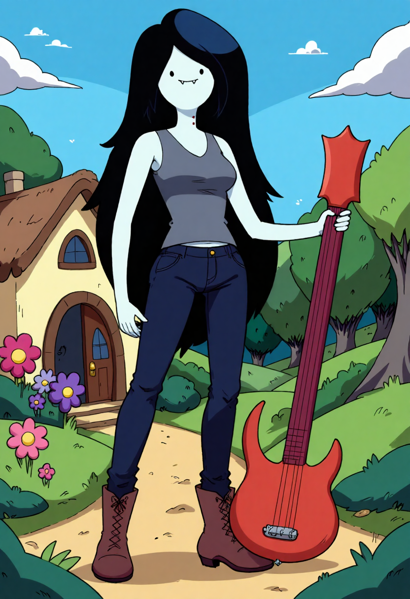 A whimsical, colorful illustration of Marceline Abadeer with a pale blue complexion, relaxed and joyful, slender, standing confidently in a vibrant, lush landscape. She wears a fitted gray tank top and dark blue jeans, complemented by brown ankle boots. In her right hand, she holds a large red guitar reminiscent of an axe, showcasing her rockstar persona. The background showcases a bright, sunny day with a clear blue sky and scattered fluffy clouds. To the left, there are stylized, colorful flowers in shades of pink and purple, adding a playful touch to the scene. A quaint cottage, with a thatched roof and wooden accents, sits in the background, surrounded by green trees and rolling hills, creating a serene and enchanting atmosphere. The overall aesthetic is bold and colorful, reminiscent of animated cartoons with a playful and youthful vibe.<lora:CustomFlux/Marceline_Abadeer.safetensors:1.0:1.0>