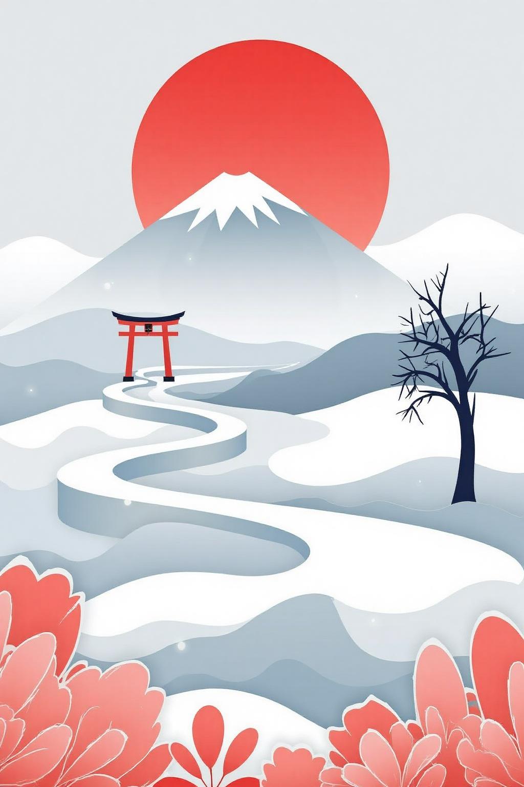 vector art.
A large red sun is setting behind a snow-capped mountain. In the foreground, a winding path leads to a traditional red torii gate. To the right of the path, there is a leafless tree. The ground is covered with smooth, undulating hills with abstract floral shapes at the bottom.
 <lora:vectorart1_cap_d6a3:1.0><lora:844032211490466860:0>