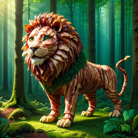 b4c0n lion <lora:b4c0n:1>, forest