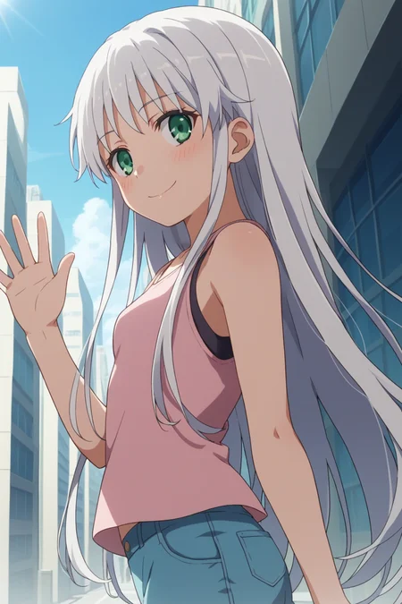 score_9, score_8_up, score_7_up, source_anime, 1girl, prefect lighting, very aesthetic, intricate details, highly detailed background, masterpiece, high quality, prefect hands, best quality, solo,
<lora:Index_Librorum_Prohibitorum_A_Certain_Magical_Index_V1:.85>, KJOindex, white hair, green eyes, long hair, 
blue shorts, dark pink tank top, 
from side, waving, smile, blush, head tilt, 
city, street, day, 
(Beautiful, small Breasts:1.2), natural breasts,