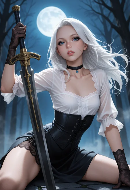 depth of field, focused subject, ((dynamic angle)), sexy pose, best quality, detailed eyes, perfect eyes, realistic eyes, white hair, long hair, blue eyes, ((full lips)), (black eyeliner), (freckles), slim body, lace gloves, choker, eye scar, big sword, small ass, small breasts, realistic breast, (white blouse), (black corset detail), (black asymmetrical skirt), BREAK, sitting, leaning forward slightly, front view, looking at viewer, movie perspective, dark background, abstract background, dark forest, night, fog, moon light, dynamic light,