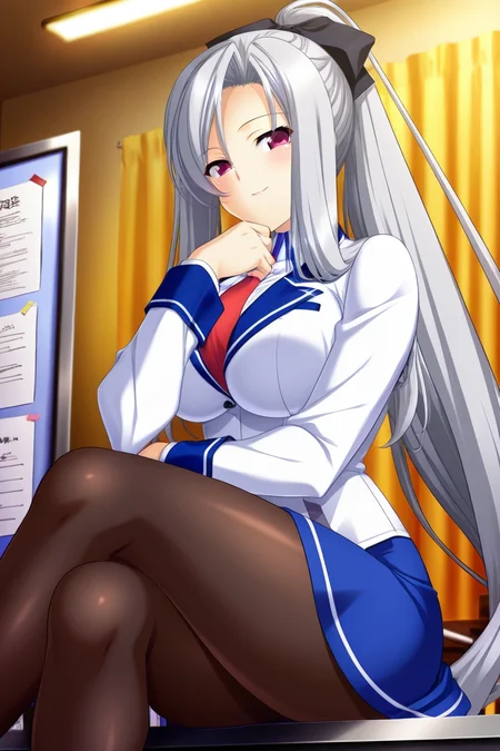 (masterpiece, best quality, game cg,highly_detailed,extremely_detailed_CG_unity_8k_wallpaper,illustration,highres,absurdres:1.2),1woman,solo, <lora:Suzuno_HKG3:1>silver hair,long hair, parted bangs,sidelocks,high ponytail,hair bow,black bow,ruby eyes,red tie,long sleeves,school uniform,white blazer,blue skirt,pantyhose,sitting,sitting on a desk,crossed legs,student council room,office,looking at viewer,pov,hand on chin,smile,proud
