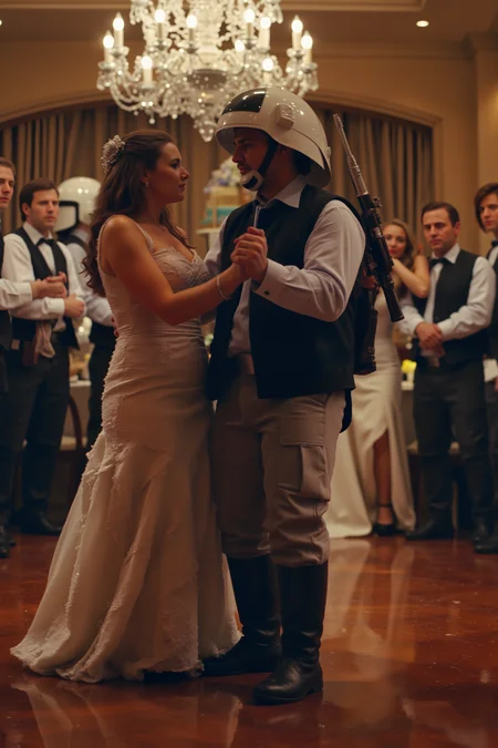 A hyper-realistic close-up of a Rebel Trooper at a wedding reception, awkwardly slow dancing with a bridesmaid who looks equally confused. His helmet is slightly tilted back as he tries to make conversation, while his blaster dangles off his back and accidentally bumps other dancers. The background reveals a fancy wedding hall with a chandelier hanging overhead and a cake shaped like the Death Star in the distance. Realistic fairy lights twinkle around the room as the Trooper tries to follow the rhythm, his heavy boots making soft thuds on the dance floor.<lora:REBEL_TROOPER_FLUX><lora:Flux DetailerV2><lora:aidmaMJ6.1-FLUX-V0.1:0.6><lora:Movie_Portrait>