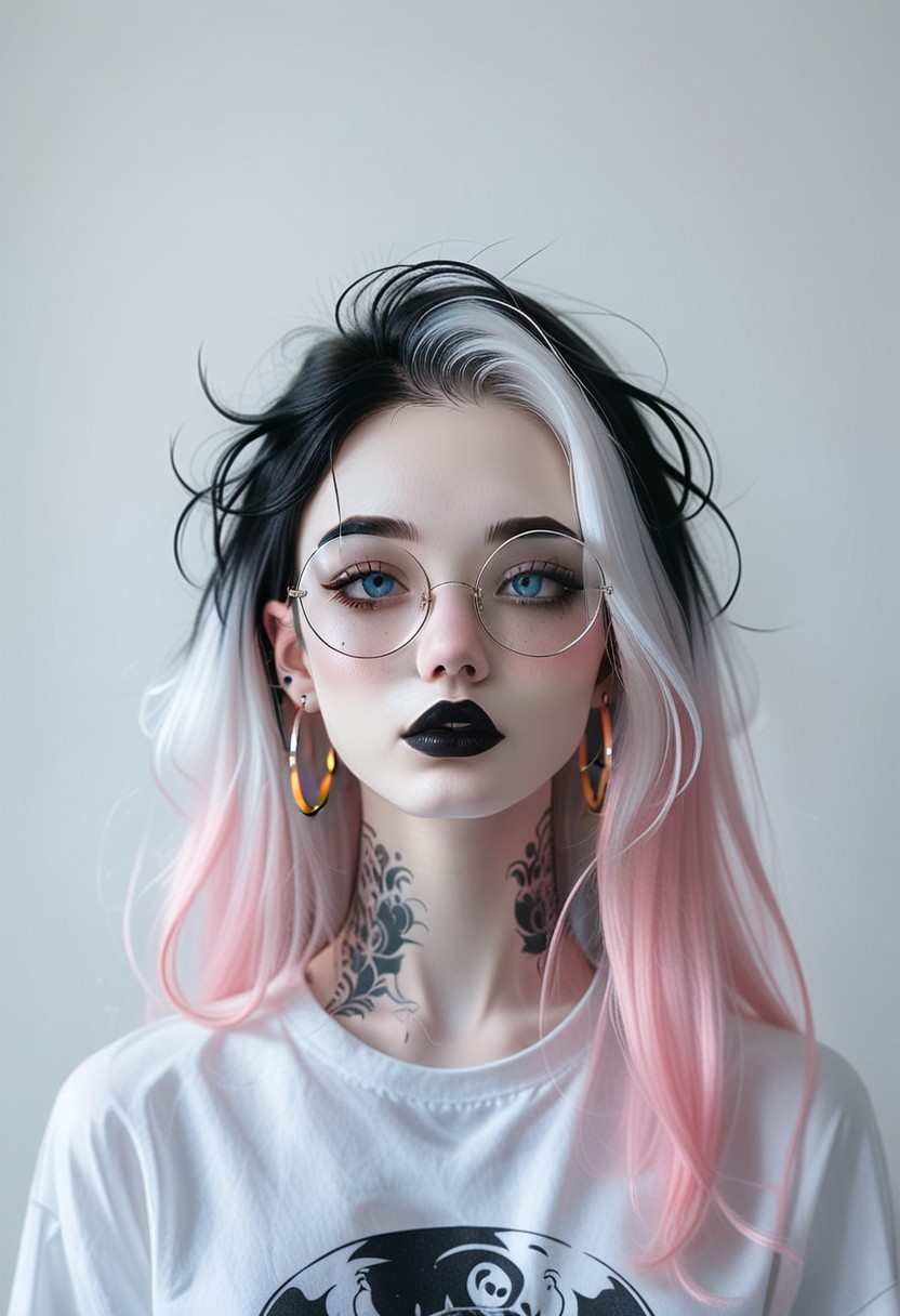 <'ctdrm':(
('dreamy'+'cinematic'+'soft lighting'+'realistic'+'ethereal mood'),
('portrait'+'closeup'+'solo'+'detailed'),
('simple white background'))>,
BREAK
<'1girl':(
('goth girl'+'pale skin'+'multicolor hair'+'long hair'+'black lipstick'+'blue eyes'+'light blush'),
('hoop earrings'+'detailed round glasses'),
('white tshirt'+'tattoos'+'black makeup'))>