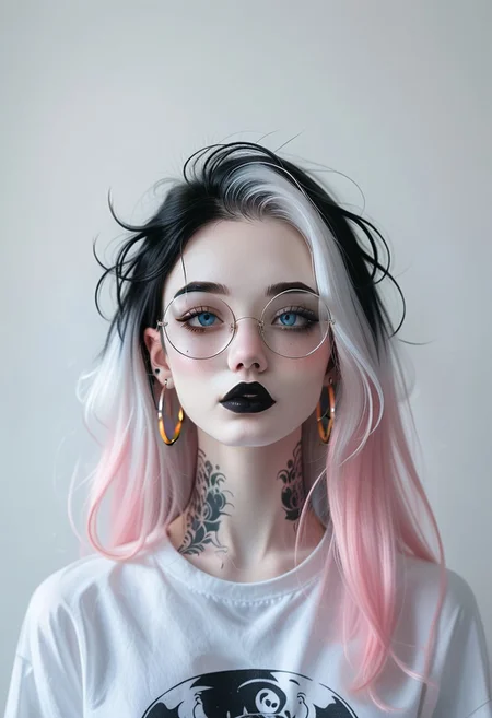 <'ctdrm':(
('dreamy'+'cinematic'+'soft lighting'+'realistic'+'ethereal mood'),
('portrait'+'closeup'+'solo'+'detailed'),
('simple white background'))>,
BREAK
<'1girl':(
('goth girl'+'pale skin'+'multicolor hair'+'long hair'+'black lipstick'+'blue eyes'+'light blush'),
('hoop earrings'+'detailed round glasses'),
('white tshirt'+'tattoos'+'black makeup'))>