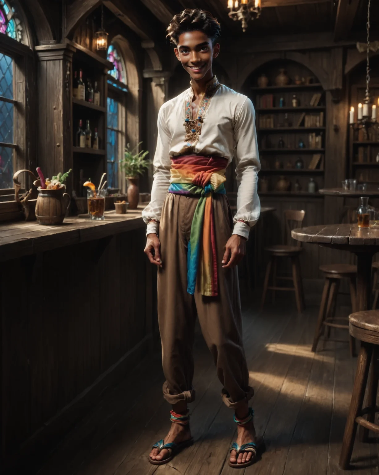 score_9, score_8_up, score_7_up, rating_questionable, intricately detailed, high resolution, fantasy setting,
<lora:Noah_Carroll_Cleric_OC:0.8>,
fantasy tavern, at night,
1boy(n0ah, dark brown skin, smooth skin, twink, slender, skinny,
white shirt, rainbow sash, brown harem pants
,
full body, simple leather sandals with ankle straps
,
front view, solo, looking at the viewer, slight smile),
<lora:ral-chrosc-clr:0.7>, ral-chrosc-clr,
<lora:Expressive_H:0.5>
<lora:xl_more_art-full_v1:0.3>,
<lora:add-detail-xl:0.3>
