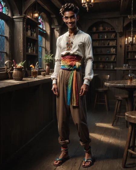 score_9, score_8_up, score_7_up, rating_questionable, intricately detailed, high resolution, fantasy setting,
<lora:Noah_Carroll_Cleric_OC:0.8>,
fantasy tavern, at night,
1boy(n0ah, dark brown skin, smooth skin, twink, slender, skinny,
white shirt, rainbow sash, brown harem pants
,
full body, simple leather sandals with ankle straps
,
front view, solo, looking at the viewer, slight smile),
<lora:ral-chrosc-clr:0.7>, ral-chrosc-clr,
<lora:Expressive_H:0.5>
<lora:xl_more_art-full_v1:0.3>,
<lora:add-detail-xl:0.3>