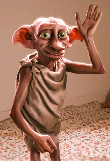 dobby_house-elf, 1male, short, skinny, bald, large green eyes, long nose, long pointed ears, four fingers, brown skin, sleeveless dark grey rags clothes, barefoot, score_8_up, score_7_up, BREAK, solo, looking at viewer, smiling, waving at viewer, male focus, looking at viewer, bedroom background, detailed background, 4k, masterpiece, best quality, highly detailed, realistic, 3d, cowboy shot