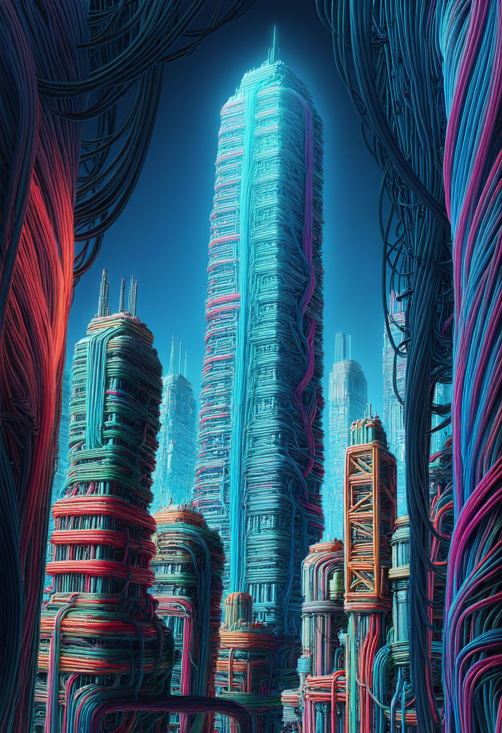 embedding:lazympos, mad-cable, cityscape, night, cyberpunk, cables, neon lights, skyscraper, hanging cables, low angle, scienmce fiction, futuristic, abstract background <lora:Cables_IL:1> <lora:Challenge_Winnifier_2025-04:0>
