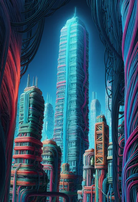 embedding:lazympos, mad-cable, cityscape, night, cyberpunk, cables, neon lights, skyscraper, hanging cables, low angle, scienmce fiction, futuristic, abstract background <lora:Cables_IL:1> <lora:Challenge_Winnifier_2025-04:0>