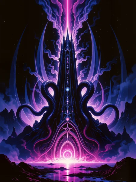 famous artwork, award-winning hyper-realistic digital illustration, highly aesthetic, gorgeous, stunning, beautiful, high resolution, uhd, 8k, 4k, dramatic, epic, meticulous, accurate, at night, dim lighting, golden ratio, dynamic, perfect symmetry, your scars of ashen white, reveal the doubt inside, but in uncertainty, lies the truth you seek. in silence is the word, and in the darkness is the light, only in dying is the life you crave to find, beware the phantom's spell. twisting architecture, interdimensional entity, unholy sigils, tentacled horror, tower of madness, gothic spire, cosmic energy, cold hues, harmonizing colors, lovecraftian, cthulhu mythos, ovg, aidmafluxpro1.1, arsmoviestill, 80s fantasy movie still, <lora:flux_pro1.1_detailer-v0.3-flux-by_aidma:0.6> <lora:style-80s_fantasy_movie-v3-flux-by_arsmachina:0.68>