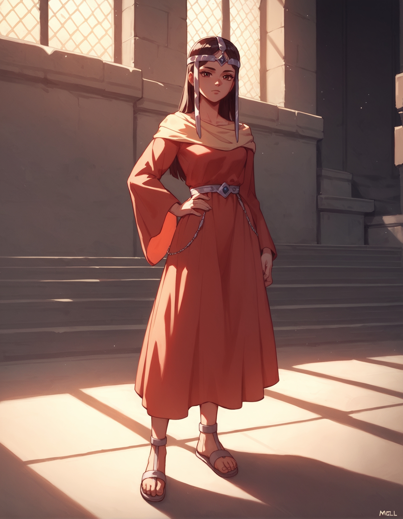 score_9, score_8_up, score_7_up,score_6_up,high resolution,mrl,1girl,solo,full body,in front of a castle,dress,circlet,,sandals,volumetric lighting,rim lighting,dof,dramatic shadow,hand on hips,looking at viewer