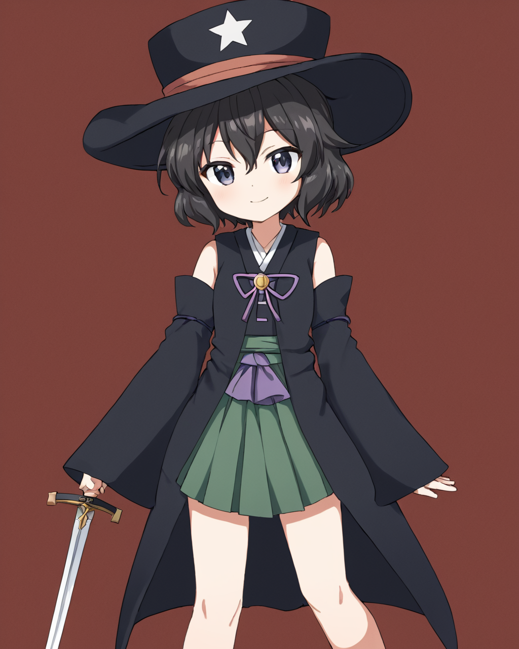 enraku tsubakura, androgynous, kariginu, 1other, solo, smile, hat, one_eye_closed, ofuda_on_clothes, hakama_skirt, detached_sleeves, sword, black_headwear, closed_mouth
<lora:enraku_tsubakura_image217_fp16_2024-01-03:1>,star-shaped_pupils,symbol-shaped_pupils,. gorgeous,key visual, vibrant, studio anime,award-winning, professional, highly detailed,high budget, cinemascope