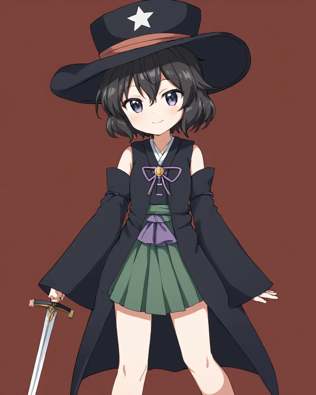 enraku tsubakura, androgynous, kariginu, 1other, solo, smile, hat, one_eye_closed, ofuda_on_clothes, hakama_skirt, detached_sleeves, sword, black_headwear, closed_mouth
<lora:enraku_tsubakura_image217_fp16_2024-01-03:1>,star-shaped_pupils,symbol-shaped_pupils,. gorgeous,key visual, vibrant, studio anime,award-winning, professional, highly detailed,high budget, cinemascope
