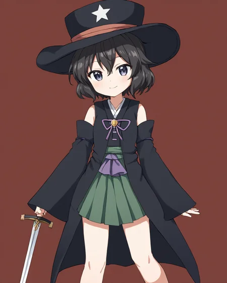 enraku tsubakura, androgynous, kariginu, 1other, solo, smile, hat, one_eye_closed, ofuda_on_clothes, hakama_skirt, detached_sleeves, sword, black_headwear, closed_mouth
<lora:enraku_tsubakura_image217_fp16_2024-01-03:1>,star-shaped_pupils,symbol-shaped_pupils,. gorgeous,key visual, vibrant, studio anime,award-winning, professional, highly detailed,high budget, cinemascope