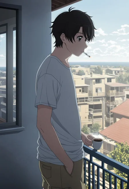 high resolution, solo, best quality, 1Boy, Inaho Kaizuka, Black Hair, Brown Eyes, home balcony, morning, cigarette, coffee, t-shirt, shorts, looking away, OverallDetail