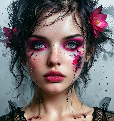 photograph Ink illustration, sunset, wind blowing, Flying petals, flowers in her hair, cute, piercing gaze with sparkling eyes, black and gray, reflection, fog, eerie light, center shot, limited palette, tense, disturbing, unsettling, one isolated magenta stain, ink splatters, ink spots, sharp focus, vibrant, rich colors, linquivera, ais-sinisterz, digital painting, artstation, concept art, smooth, sharp focus, illustration, art by Carne Griffiths and Wadim Kashin, magenta, black, and gray colors, Masterpiece, Best quality, Ultra-detailed, ((English:1.7) + Circular Face, Doe Eyes, [eye color grey], Nose with an Alluring Hook Shape, protruding upper lip, flat cheeks, long chin), l, extremely detailed face eyes lips nose, realistic eyes, detailed skin texture, realistic, photorealistic, ultra detailed eyes and face, 50mm . cinematic 4k epic detailed 4k epic detailed photograph shot on kodak detailed cinematic hbo dark moody, 35mm photo, grainy, vignette, vintage, Kodachrome, Lomography, stained, highly detailed, found footage, HDR photo of Ink illustration, sunset, wind blowing, Flying petals, flowers in her hair, cute, piercing gaze with sparkling eyes, black and gray, reflection, fog, eerie light, center shot, limited palette, tense, disturbing, unsettling, one isolated magenta stain, ink splatters, ink spots, sharp focus, vibrant, rich colors, linquivera, ais-sinisterz, digital painting, artstation, concept art, smooth, sharp focus, illustration, art by Carne Griffiths and Wadim Kashin, magenta, black, and gray colors, Masterpiece, Best quality, Ultra-detailed, ((English:1.7) + Circular Face, Doe Eyes, [eye color grey], Nose with an Alluring Hook Shape, protruding upper lip, flat cheeks, long chin), l, extremely detailed face eyes lips nose, realistic eyes, detailed skin texture, realistic, photorealistic, ultra detailed eyes and face . High dynamic range, vivid, rich details, clear shadows and highlights, realistic, intense, enhanced contrast, highly detailed, Ink illustration, sunset, wind blowing, Flying petals, flowers in her hair, cute, piercing gaze with sparkling eyes, black and gray, reflection, fog, eerie light, center shot, limited palette, tense, disturbing, unsettling, one isolated magenta stain, ink splatters, ink spots, sharp focus, vibrant, rich colors, linquivera, ais-sinisterz, digital painting, artstation, concept art, smooth, sharp focus, illustration, art by Carne Griffiths and Wadim Kashin, magenta, black, and gray colors, Masterpiece, Best quality, Ultra-detailed, ((English:1.7) + Circular Face, Doe Eyes, [eye color grey], Nose with an Alluring Hook Shape, protruding upper lip, flat cheeks, long chin), l, extremely detailed face eyes lips nose, realistic eyes, detailed skin texture, realistic, photorealistic, ultra detailed eyes and face, beautiful sweet, delicate, dramatic cinematic, highly intricate, elegant, real, very, illuminated, warm, artistic, deep aesthetic, excellent composition