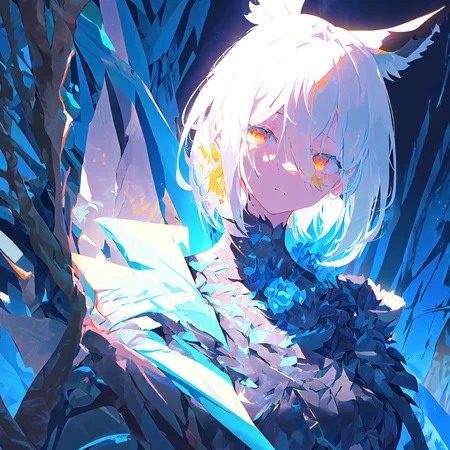 best quality, high resolution, distinct image, concept art, Original Characters, Natural Volumetric Lighting And Best Shadows, Deep Depth Of Field, Sharp Focus, Portrait Of Stunningly Beautiful Young Petite Girl, Soft Delicate Beautiful Attractive Face With Cute Yellow Eyes, Sharp Eyeliner, Shy Expression,  Disheveled White Hair, Thick Layered Short Modern Hairstyles, Blush Eyeshadow With Thick Eyelashes,  Knight Armor on upper part of the Body, Long Blue Scarf Wrapped Around Neck, (Dark Forest Background:1.15), (Highest Quality, Amazing Details:1.4), Masterpiece, Bloom, Picturesque, Brilliant Colorful Paintings, Whole Body, Black Skirt and Exposed Thighs, (Miqo'te Ears:1.3), (Face Markings:1.3) <lora:last:1.3>