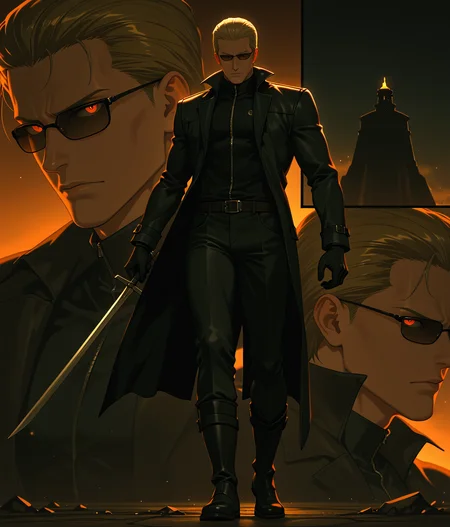 PonyScores7, source_anime, ah1
BREAK <lora:albertwesker-guy-PONYv1:0.8> albertwesker, albert wesker, 1boy, blonde, black gloves, (sunglasses:1.3), belt, black coat, black pants, looking at viewer, toned, athletic, fit, slicked back hair, black turtleneck, zipper, mature male, short hair, black boots, (A character leaps into the air, sword raised high above their head, about to bring it down on their enemy, Their body is fully extended, with legs tucked beneath them as they soar through the air, Below them, the enemy stands in a defensive stance, raising a shield or weapon to block the incoming blow, The background could be a burning battlefield or a medieval castle in ruins), (nature-Inspired Bedroom, Earthy tones, wooden accents, and lots of plants create a connection to nature, A large window allows for plenty of natural light and views of the outdoors), (Flannel Shirt), (focused, intense glare, apathetic, contemptuous), (reddish orange eyes, slit pupils), (angular face, sharp_featured face), handsome, charming, alluring
BREAK <lora:xl_more_art-full_v1:0.2>, <lora:shinyskin2:0.2> glistening skin, <lora:aesthetic_anime_v1s:0.2>, <lora:Expressive_H:0.2> Expressiveh, <lora:hairdetailpxl:0.2> hairdetailpxl, <lora:EpicF4nta5yXL:0.2>, <lora:detailxl:0.2> detailxl, <lora:Fant5yP0ny:0.2>, best quality, amazing quality, best aesthetic, absurdres, <lora:expressive eyes:0.2> expressive eyes, <lora:eyedetailpxl:0.2> eyedetailpxl, illustration, Volumetric_Lighting, ultra-detailed, very aesthetic, intricate details, 8k, masterpiece, best_quality
BREAK (High Angle view medium Close shot, focus on chest)
BREAK <lora:Eyes_High_Definition:0.3> EyesHD, Stable_Yogis_PDXL_Positives, AS-Adult, <lora:Complicated fantasy portrait - XL Pony V2.0:0.4>, bad-hands-5, AS-MidAged, <lora:HDA_Detailer:0.2>