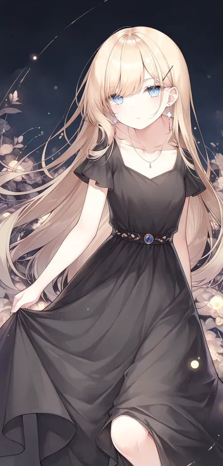1girl, ayuanlv, blonde hair, collarbone, foot out of frame, jewelry, long dress, necklace, solo, very awa, very aesthetic, masterpiece, best quality, amazing quality, absurdres