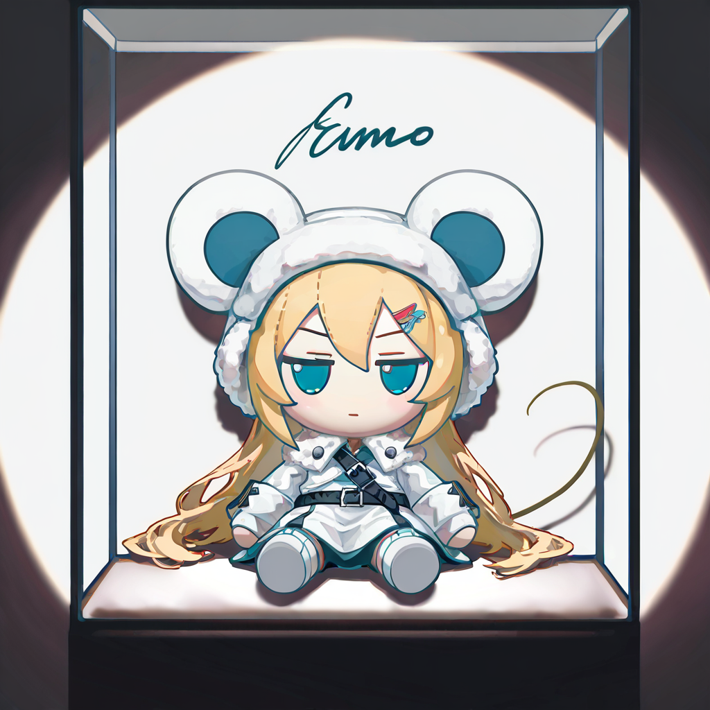 solo,(fumo \(doll\):1.5),(display case:1.5),sitting,mouse girl,blonde hair,mouse tail,golden mouse ears,long hair,white_ushanka,Oversized Hood  with fluffy edges,
Long White winter coat  with fur edges,(white Fur Trim:1.2),white shawl with fur edges,warm_pantyhose,Waist Belt,Layered Design,white_boots,gloves,
indoor,museum,(spotlight:1.5),solo_focus,depth of field,cover,best quality,masterpiece,absurdres,(ningen mame:0.8),<lora:rafaelaaa:0.8>,