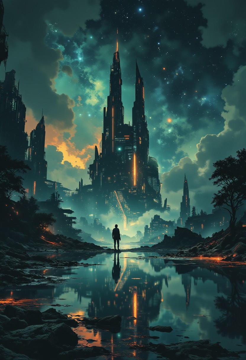 A digital painting in the style of ck-js, detailed photograph, a futuristic sci-fi city with tall towers and skyscrapers of chrome and glass, perfectly reflected in a tranquil, still lake, at night, detailed night sky with stars and nebulas