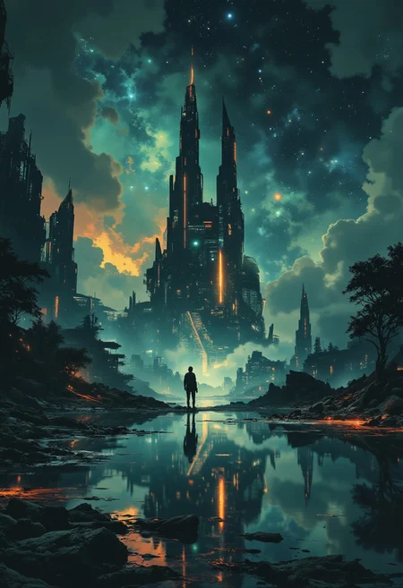A digital painting in the style of ck-js, detailed photograph, a futuristic sci-fi city with tall towers and skyscrapers of chrome and glass, perfectly reflected in a tranquil, still lake, at night, detailed night sky with stars and nebulas