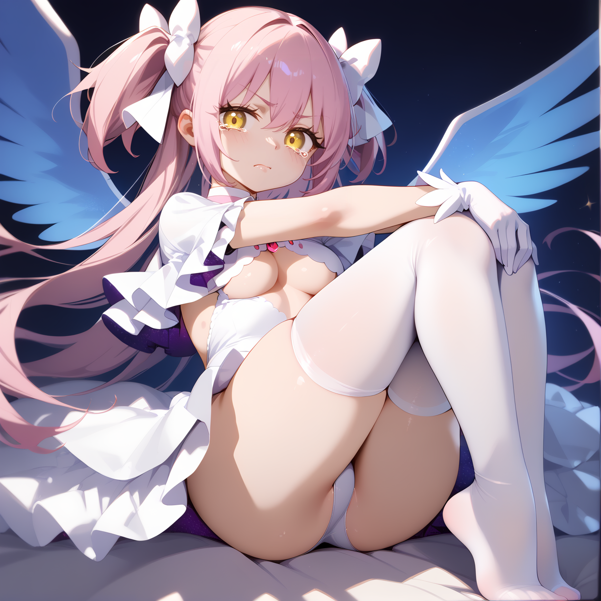 (score_9,score_8_up,score_7_up) BREAK uncensored BREAK 1girl,solo,(medium breasts:1.4),
disgust,scowl,closed mouth,tears,
BREAK
BREAK feet,(foot_focus:1.3),
BREAK
BREAK
BREAK
BREAK
BREAK (hugging own legs:1.6),angel wings,
BREAK <lora:madoka_god>,
(ultimate madoka,kaname madoka,long hair,pink hair,very long hair,bangs,hair between eyes,two side up,white bow,yellow eyes),(choker,white choker,gloves,white gloves,underboob,underwear,clothing cutout,cleavage cutout,covered navel,wide sleeves,frills,dress,white dress,frilled dress),(thighhighs,white thighhighs),univers,