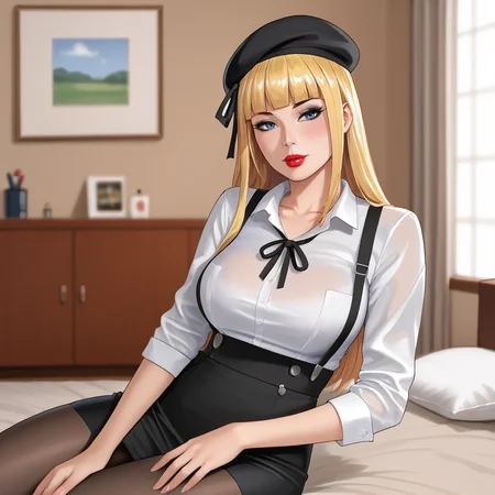 <lora:magikmarvel_pony_v1:.8> MagikMarvel, 1girl,solo, large breasts, blonde hair, long hair, makeup, collarbone, lipstick, blunt bangs, traditional media, marker (medium), eyeshadow, blue eyes, lips, cowboy shot <lora:0902 Home wear 5_v1_pony:1> ruanyi0902,beret,black ribbon,collared shirt,black pantyhose,high-waist skirt,white shirt,suspenders