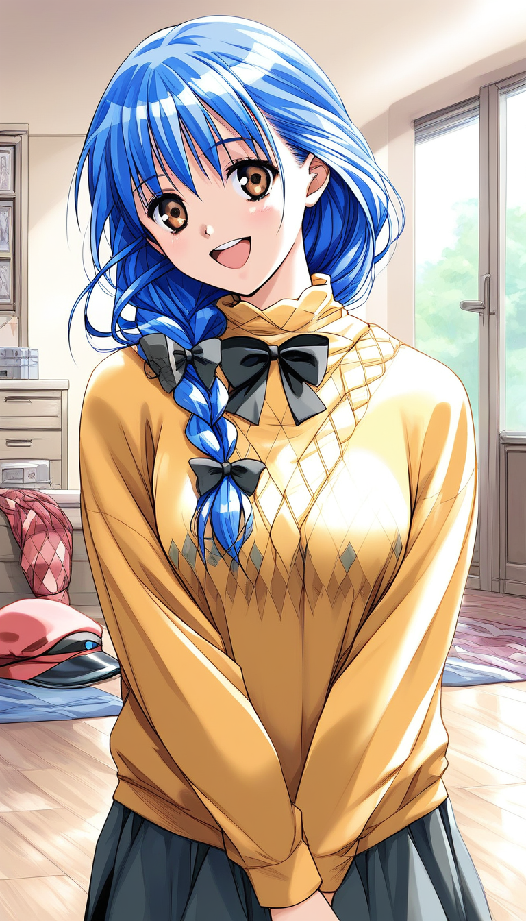 score_9, score_8_up, score_7_up, source_anime, rating_explicit, BREAK  <lora:Yasuda_Azumi_XL:1> Yasuda_Azumi, blue hair, long hair,  bangs, brown eyes, medium breasts,  braided ponytail,ãlow ponytail
headwear removed,  smile, v arms, open mouth,
Yellow sweater, long sleeves, shirt, argyle, black bow, 
home in the room, flooring, 
looking at viewer,
