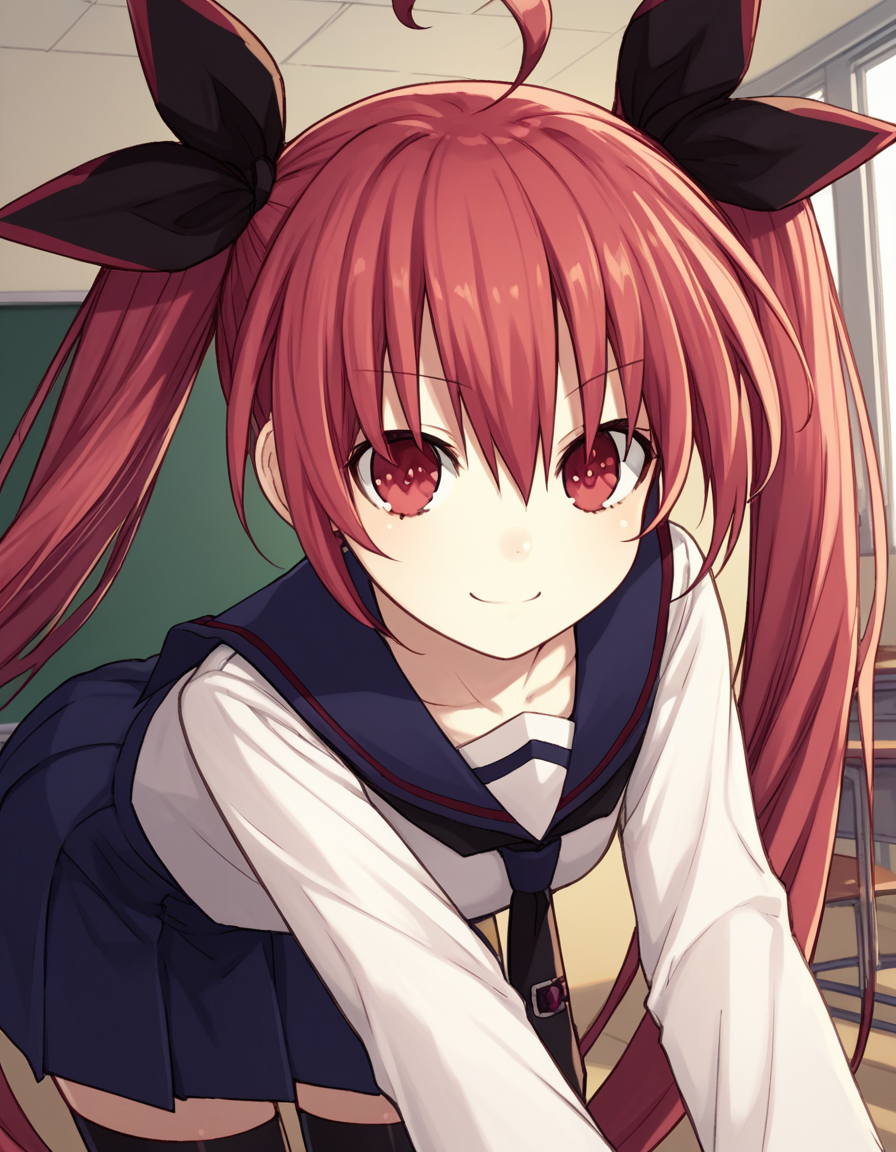 score_9, score_8_up, score_7_up, source_anime,
kotoriitsuka, <lora:kotori-itsuka-lightnovel-ponyxl-lora-nochekaiser:1>,
kotori itsuka, long hair, red eyes, very long hair, red hair, ahoge, ribbon, hair ribbon,
skirt, thighhighs, twintails, school uniform, necktie, black thighhighs, zettai ryouiki, serafuku, white shirt, long sleeves,
indoors, classroom, bent over, smile,
looking at viewer, solo, cowboy shot, dutch angle,