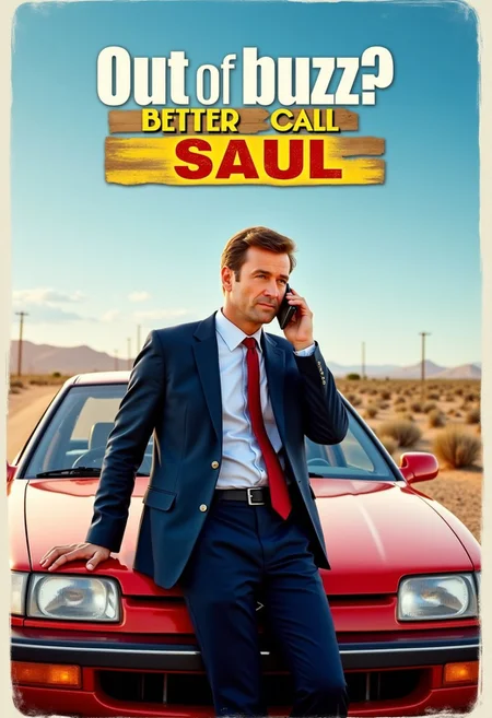 Highly detailed 4K image of a TV show poster for a parody series titled "Out of buzz? Better call Saul" playing on the name of the famous show Better call Sail. The poster features an image of a smart lawyer in a suit talking on a mobile phone leaning on the hood of a 1998 Suzuki Esteem. The background is an American desert scrubland.
The title "Out of buzz?" is located at the top of the text, font is bold and the text is white colour. "Better call" is located bellow, it`s a bold text with yellow colour. "Saul" is located below, it`s a bold text with red text colour
The poster is hyper realistic, high detailed, detailmaximizer