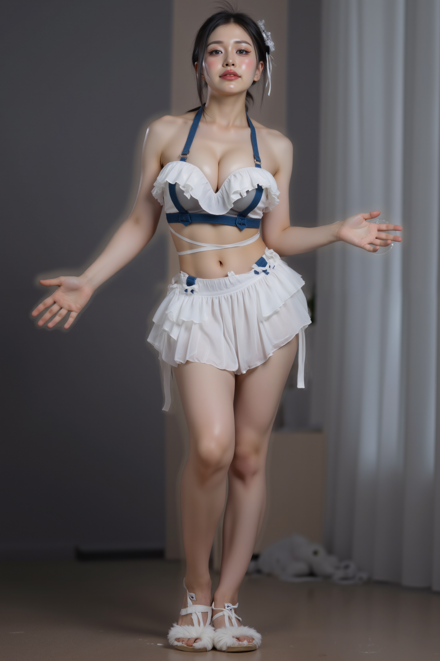 A professional, high-resolution image of a young woman is posed standing in a natural S-curve in the body silhouette. This classic posing technique creates visual interest and a sense of elegance.

She is wearing a blue and white SGWN98Clothing. Her makeup is dramatic, with dark eyeliner and bold, glossy pink lips. 

The lighting features a high-contrast, monochromatic white color scheme that creates a moody, intimate atmosphere. 

The photography technique uses what appears to be soft lighting to create a glamorous effect, with careful attention to highlighting contours while maintaining the dominant light brown color scheme throughout the frame.

The overall aesthetic combines elements of fashion photography, traditional Asian visual motifs, and contemporary boudoir styling. The dramatic light brown lighting creates a cohesive visual theme that ties all elements of the composition together.

The white light emit on her to show her feature.