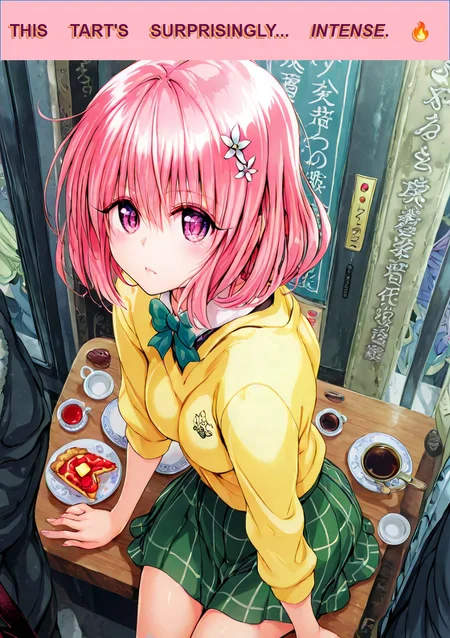 nsfw, highres, best quality, masterpiece, score 9 up, score 9, score 8 up, score 7 up, rating explicit, 1girl, lora:748cmSDXL:1, best quality, masterpiece, perfect composition, official art, 748cmstyle, 1girl, Expressiveh, In the streets of Paris, a young woman is sitting outside a charming patisserie. She is writing in a journal, a precisely cut \(triangular pie slice\) of deep golden \(apple pie slice\), rests on a white ceramic plate, slight caramelized lattice, A cup of espresso rests next to pie plate. Soft morning light, pastel color tones, ExpresHGothicNeonIncase, ApplePie, Momo Deviluke, momo,pink hair,purple eyes,white flower hair ornament,