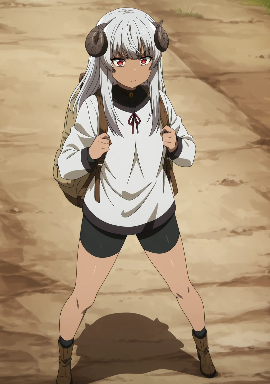 volumetric lighting, official style, amazing quality, ultra detailed, highres, detailed background,anime coloring, (anime screencap) masterpiece, detailed face,1girl<lora:Felm__:1> Felm, solo, backpack, bag, dark-skinned female, dark skin, long hair, bike shorts, horns, red eyes, standing, boots, shorts, full body, black shorts, long sleeves, grey hair
