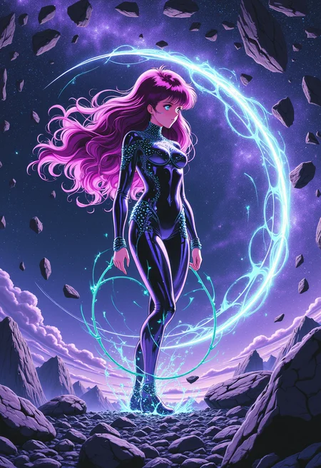 anime retro style, close up girl, Retro style anime girl standing amidst shattered planet fragments, her long hair flowing like aurora borealis as she activates her graviton generator, surrounded by swirling plasma storms that crackle with abyssal purple energy. Her crystalline structure-adorned bodysuit glistens under the shimmering emerald light emitted from the tethering cable connecting her to the mysterious black hole., modernretroanime