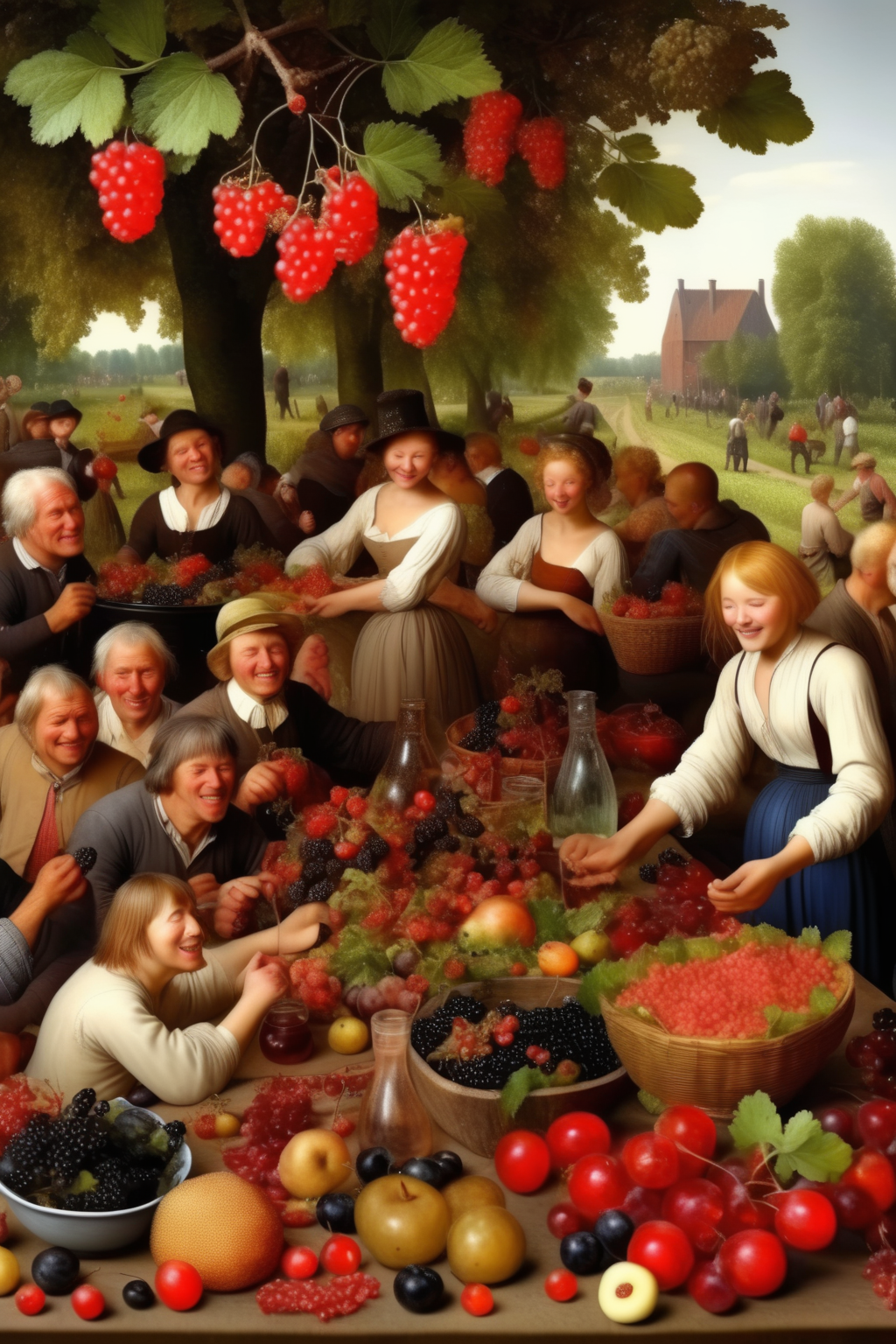 <lora:Jan Brueghel Style:1>Jan Brueghel Style - Very big salad of Currant Almond Chokeberry Cornelian cherry Common bergamot plant Honey berry Japanese kwee 6 people having picknick around table in foodforrest high quality high detail in style of 1650 dutch peasant and farmers