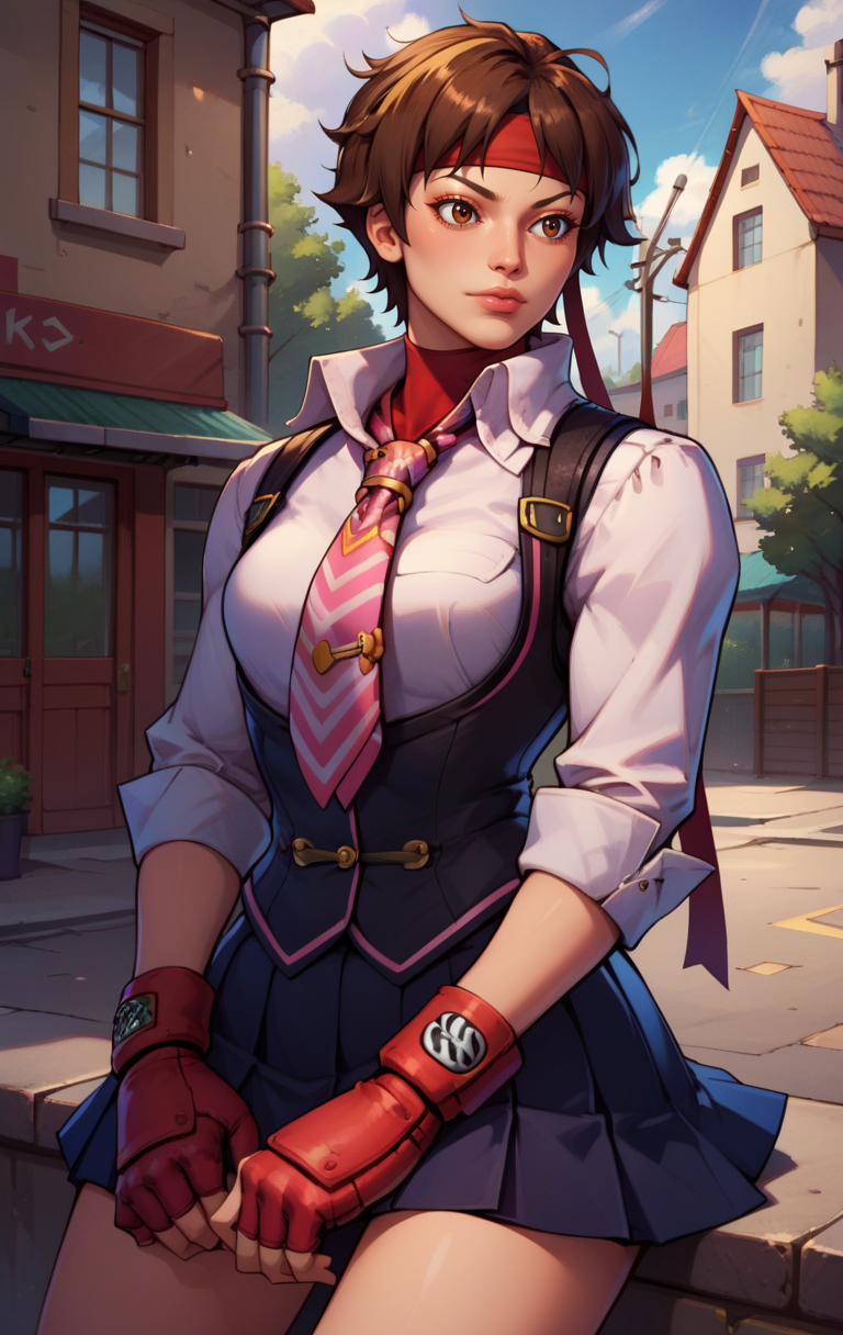 score_9, score_8_up, score_7_up, BREAK,  <lora:Sakura:1> sakurasfvSDXL, 1girl, solo, short hair, black skirt, brown hair, shirt, gloves, brown eyes, school uniform, standing, cowboy shot, necktie, black vest, lips, headband,  kasugano sakura, street background, sitting