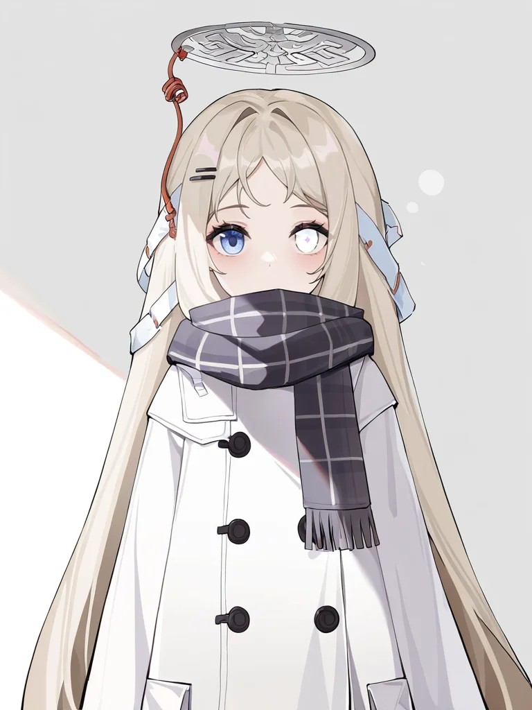 1girl,hair ornament,hengsha,heterochromia,looking at viewer,solo,simple background,white background,looking_at_viewer,standing,,winter_clothes,plaid_scarf,scarf,upper body,winter_coat,scarf_over_mouth,<lora:hengsha-000012:0.7>, masterpiece, best quality, very aesthetic, absurdres