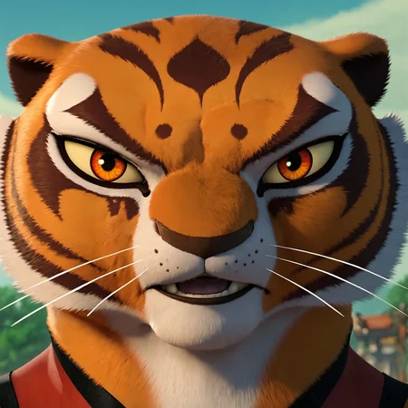 <lora:DreamWorks_Furry_Mix:0.7>, score_9, score_8_up, score_7_up, score_6_up, BREAK
source_furry, Tigress, 1girl, close up on face, (front view:1.2), looking at viewer, perfect face
