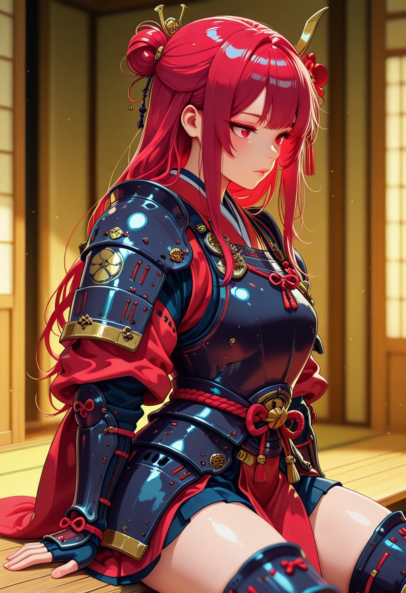 in the style of cknc, masterpiece, best quality, good quality, very aesthetic, absurdres, newest, 8K, depth of field, focused subject, great lighting, intricate detail, beautiful, Japanese female warrior, long hair, bangs, sidelocks, hair ornament, black and red plated armour, sitting in front of a shinto shrine