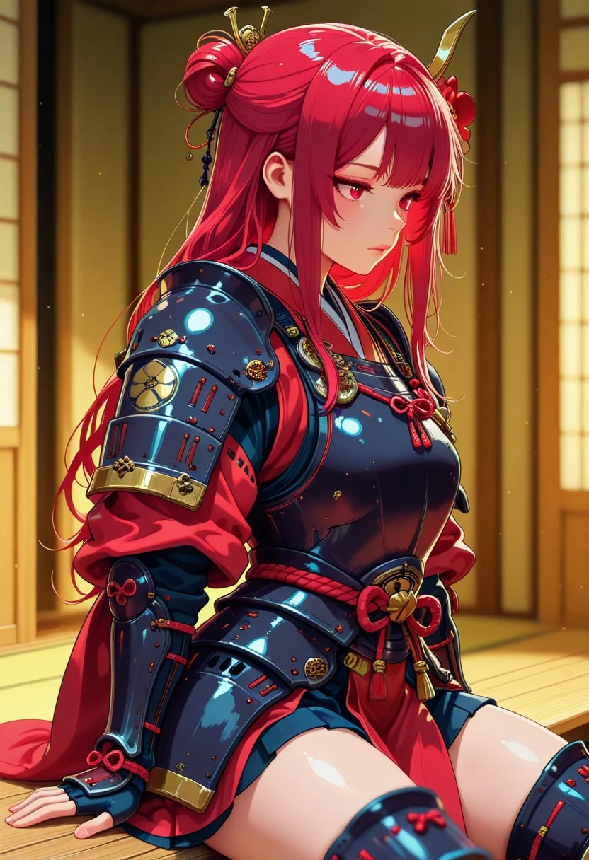 in the style of cknc, masterpiece, best quality, good quality, very aesthetic, absurdres, newest, 8K, depth of field, focused subject, great lighting, intricate detail, beautiful, Japanese female warrior, long hair, bangs, sidelocks, hair ornament, black and red plated armour, sitting in front of a shinto shrine