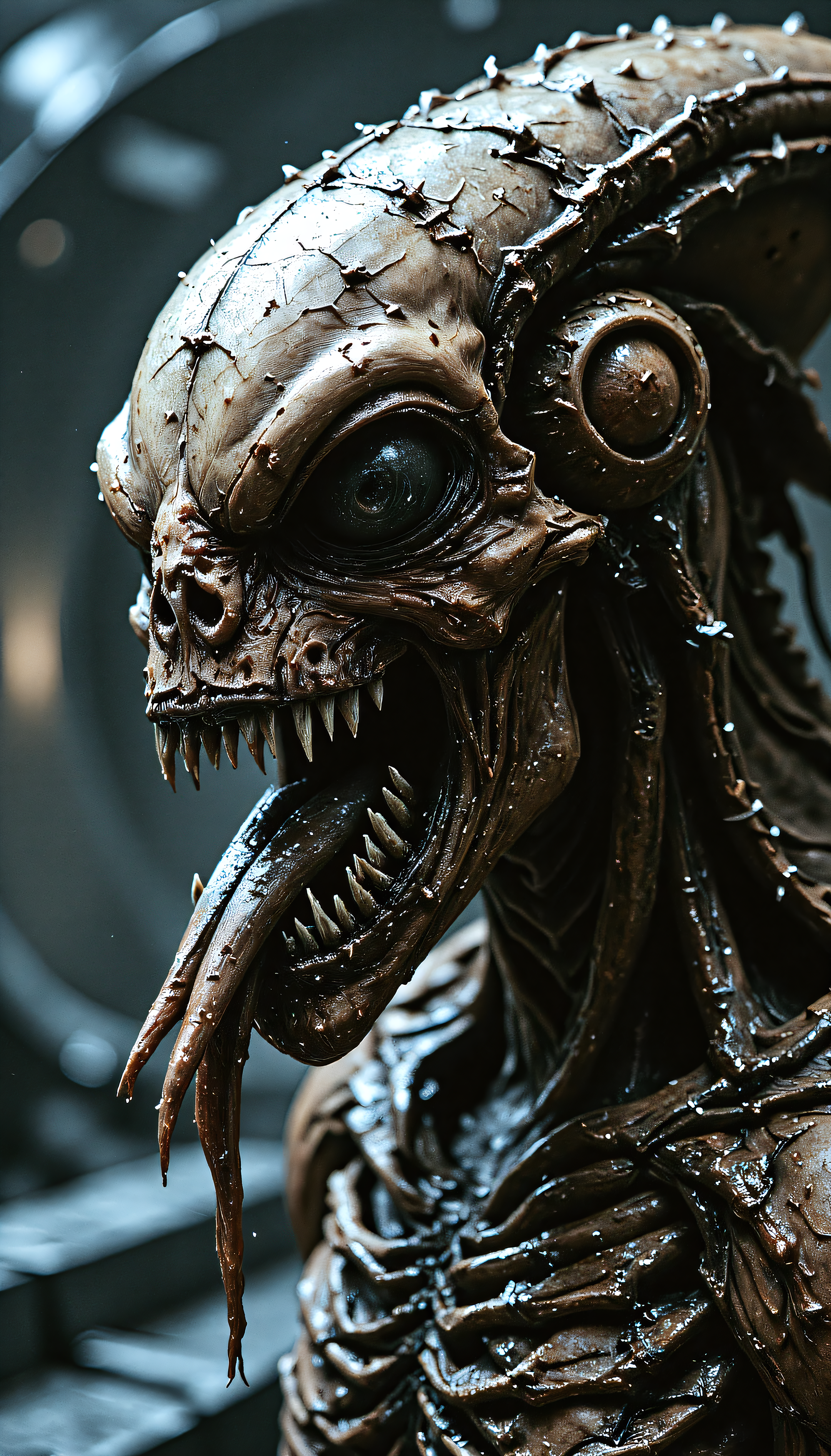 devast8, a cinematic close up of the head of a xenomorph with detailed skin texture, slimey skin, acidic drool, gaping maw, with lighting that highlights the details, the background is a spcaship interior