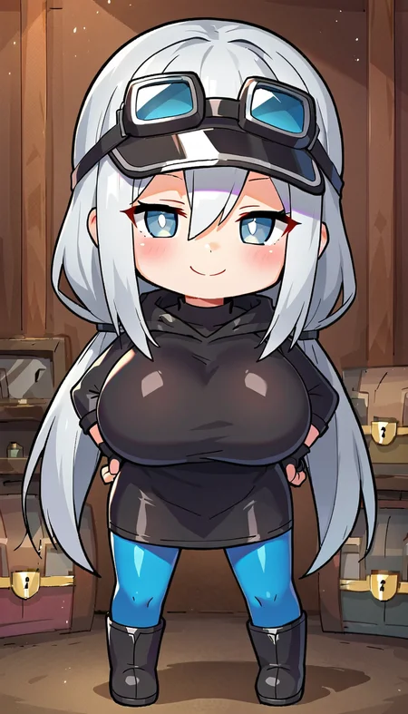 score_9,score_8_up,score_7_up,score_6_up BREAK official art,solo,outdoors,upper body,(portrait:1.5),looking at viewer,facing viewer,smile,blush,(chibi:1.3),Treasure Girl,black visor cap,goggles on headwear,black goggles,long hair,grey hair,low twintails,sidelocks,hair between eyes,bangs,grey eyes,bright pupils,white pupils,turtleneck,black dress,short dress,hooded dress,hood down,long sleeves,fingerless gloves,black gloves,large breasts,blue pantyhose,boots,black footwear,<lora:Treasure Girl-Pony:1.1>,