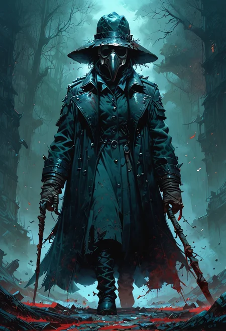 score_9, score_8_up, score_7_up, 1character, solo, dark, sinister, plague doctor, trench coat, blood-stained, wide-brimmed hat, mask, staff, foggy, desolate landscape, decaying structures, twisted trees, eerie, menacing, gloomy, detailed, high contrast, full body, dramatic lighting，Bosstyle