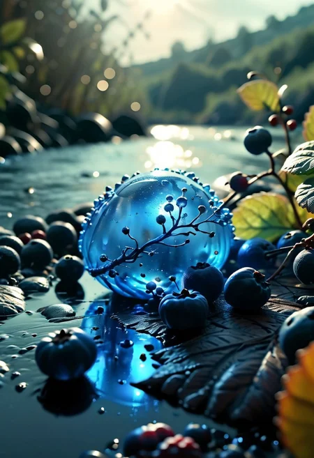 (8k analog nature photography:1.2), (a beautiful landscape:1.1) Extreme realism,  Insanely realistic, with a river in the distance, shiny sapphire (crystal:1.2) berries ,<lora:Bio-Luminescence:1> bioluminescent, glowing, focus on the fruit.  bioluminescent, glowing, detailed , detailed style, perfect
