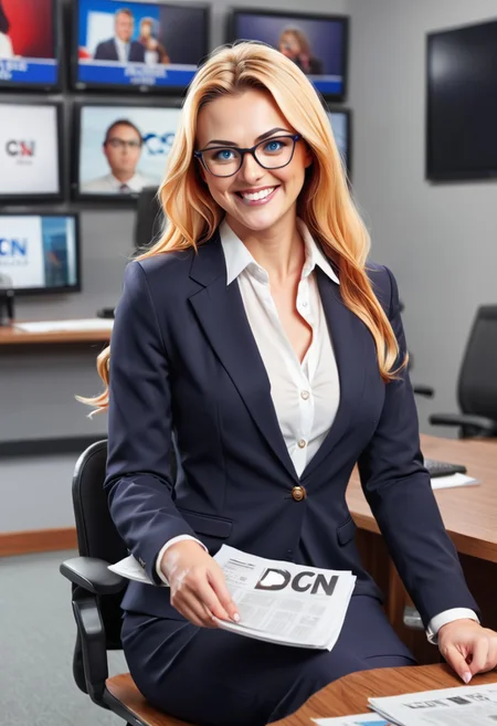 BuzzGirl, wearing blazer, white button up shirt, glasses, sitting at a desk, news report, DCN News, smiling