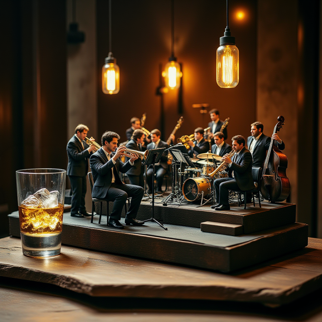 A miniature diorama of a big band playing on a stage next to a glass of whiskey with ice. 17 members in matching suits sit on the stepped stage. 4 trumpets, 4 trombones, 5 saxophones, piano, bass, drums, guitar. A supreme artistic moment where everyone is immersed in the joy of sound. A magical night, a conductor, <lora:Flux.1_Turbo_Detailer:0.7>, <lora:Diorama_Flux:0.9>